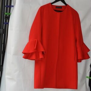 Red Woman's Coat Ruffle Sleeves Zara SZ 12